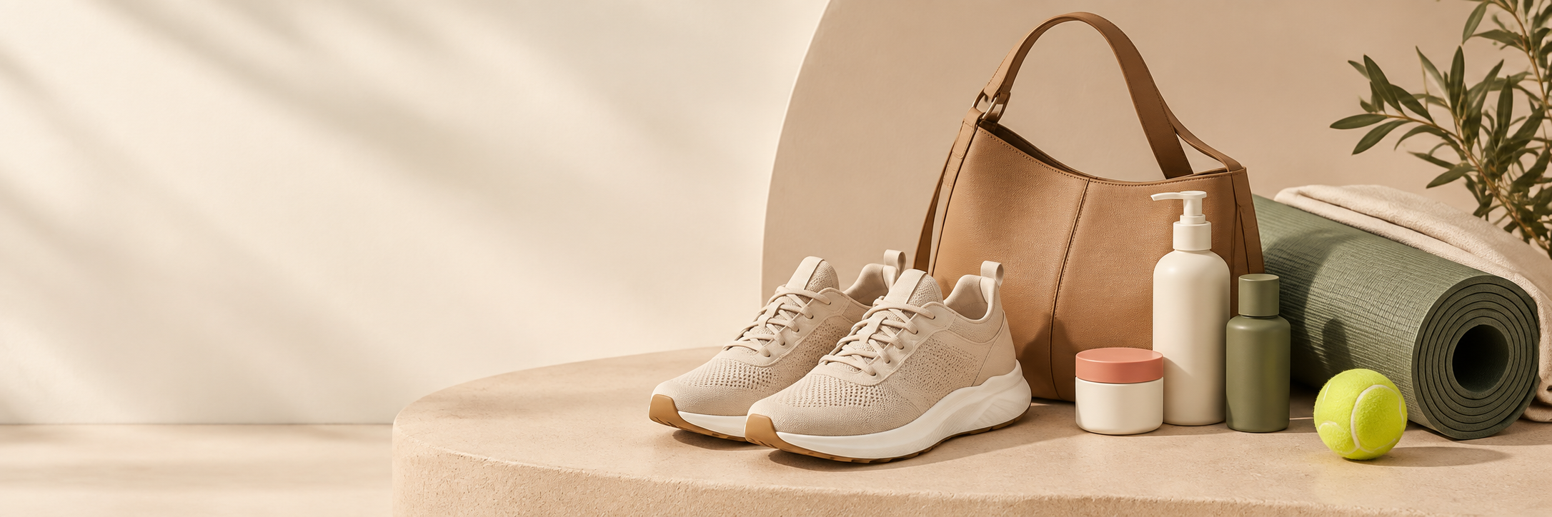 Fashion beauty and active essentials on a neutral studio set